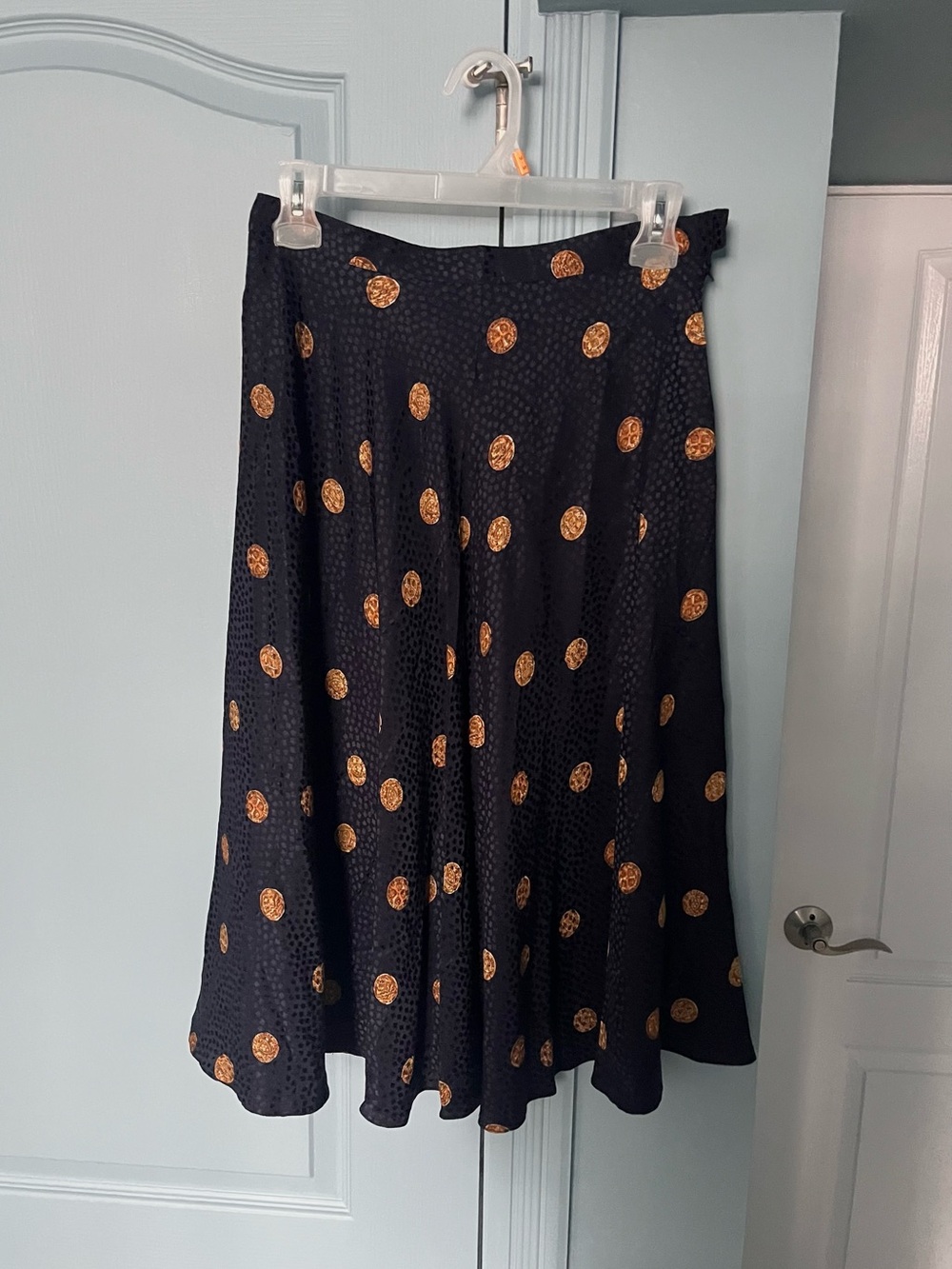 Vintage 100% silk navy and gold midi skirt